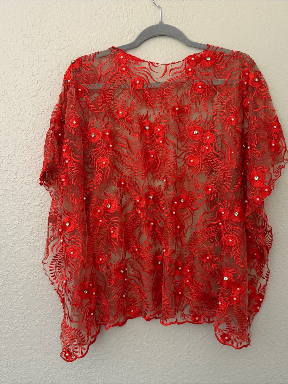Vintage 1970s Semi-sheer Red Embroidered Lace Kaftan Top with Floral Appliqué - Picture 2 of 6